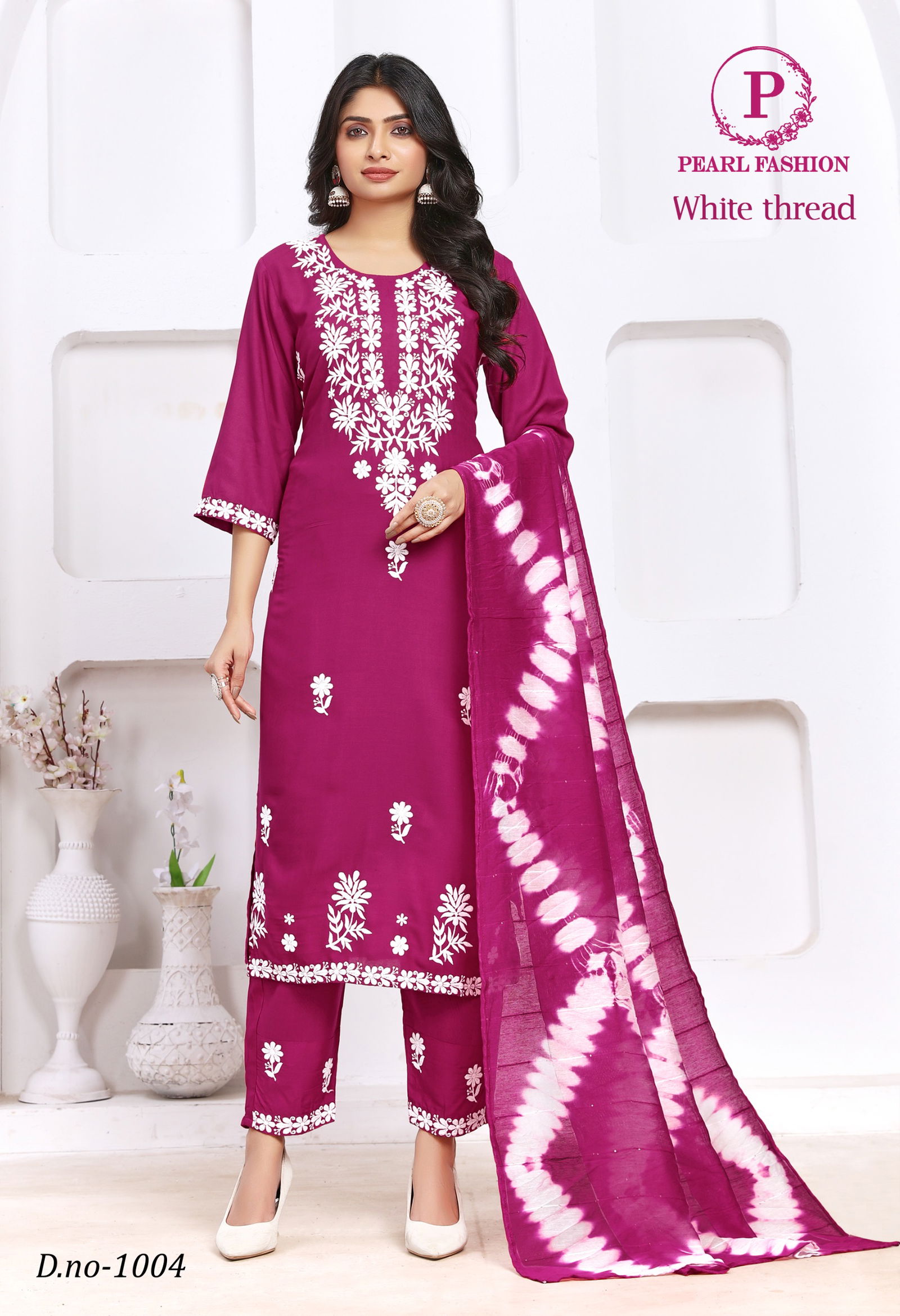 White Thread Pearl Viscose Rayon Designer Kurti With Bottom Dupatta Wholesale Shop In Surat